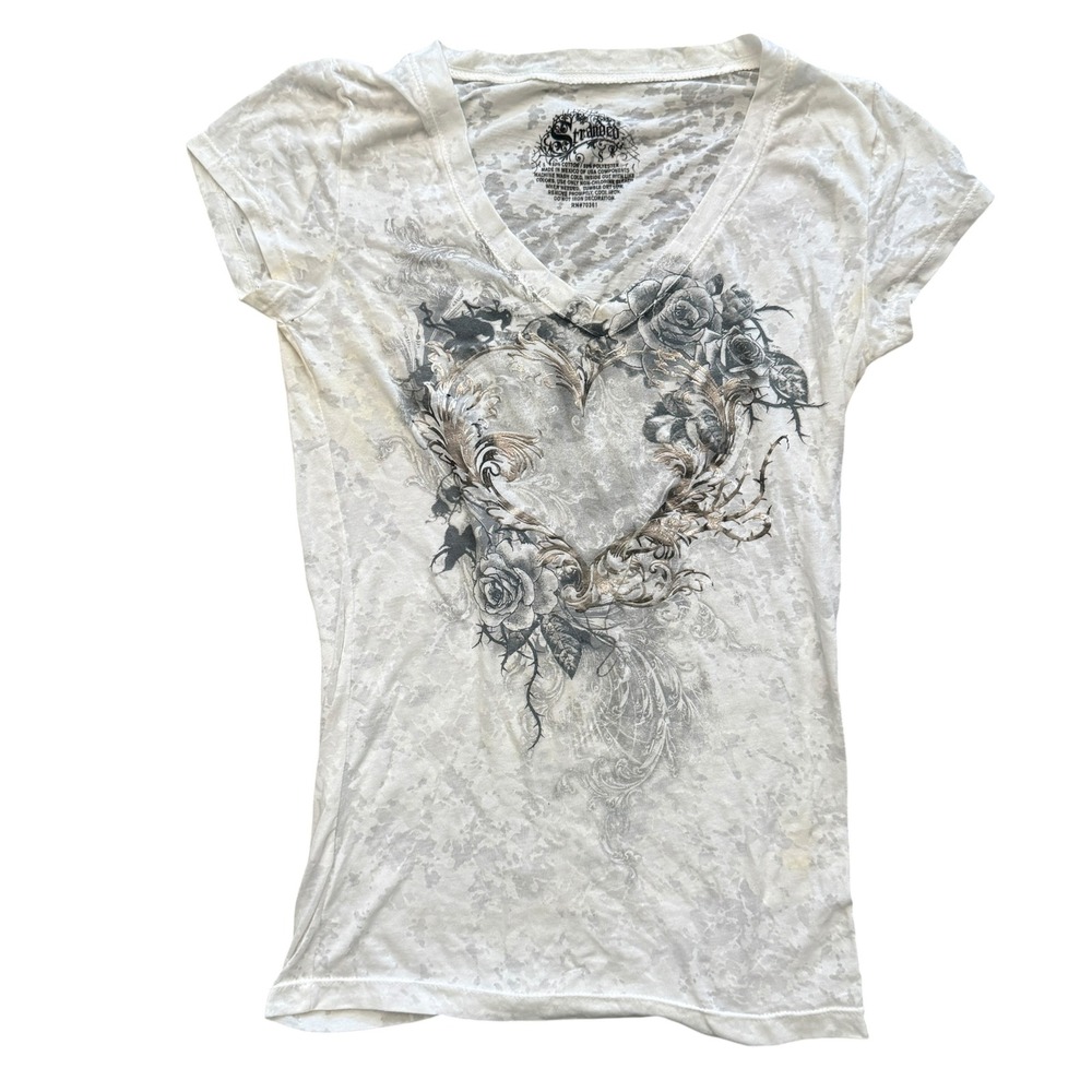 Stranded Heart Graphic V Neck Tee Burnout Grunge Goth Small White Gray Rose y2K